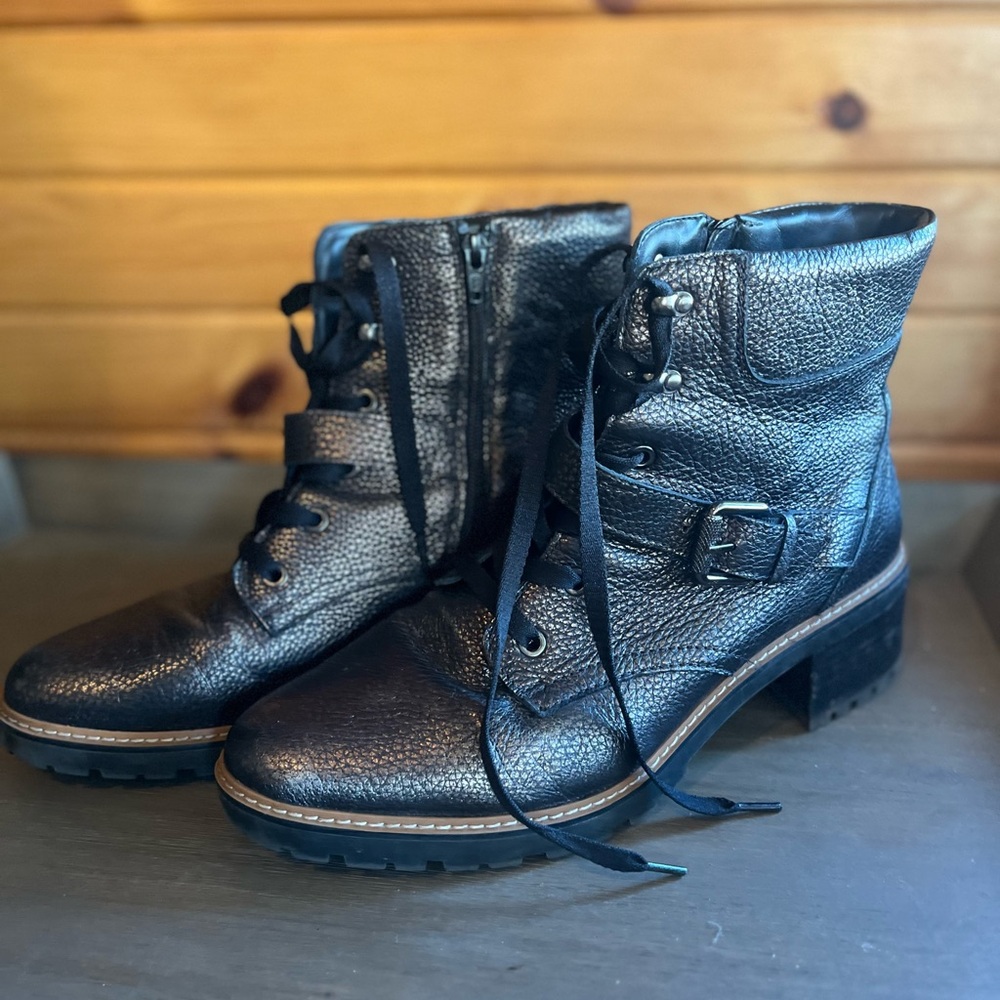 Naturalizer- Women’s Lace-Up Bronze Metallic Leather Boots With Zipper Size:12w